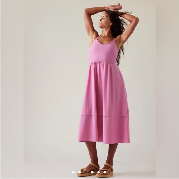 Athleta Pink Elation V Neck Hybrid Tiered Athletic Midi Dress Small - Picture 11 of 11
